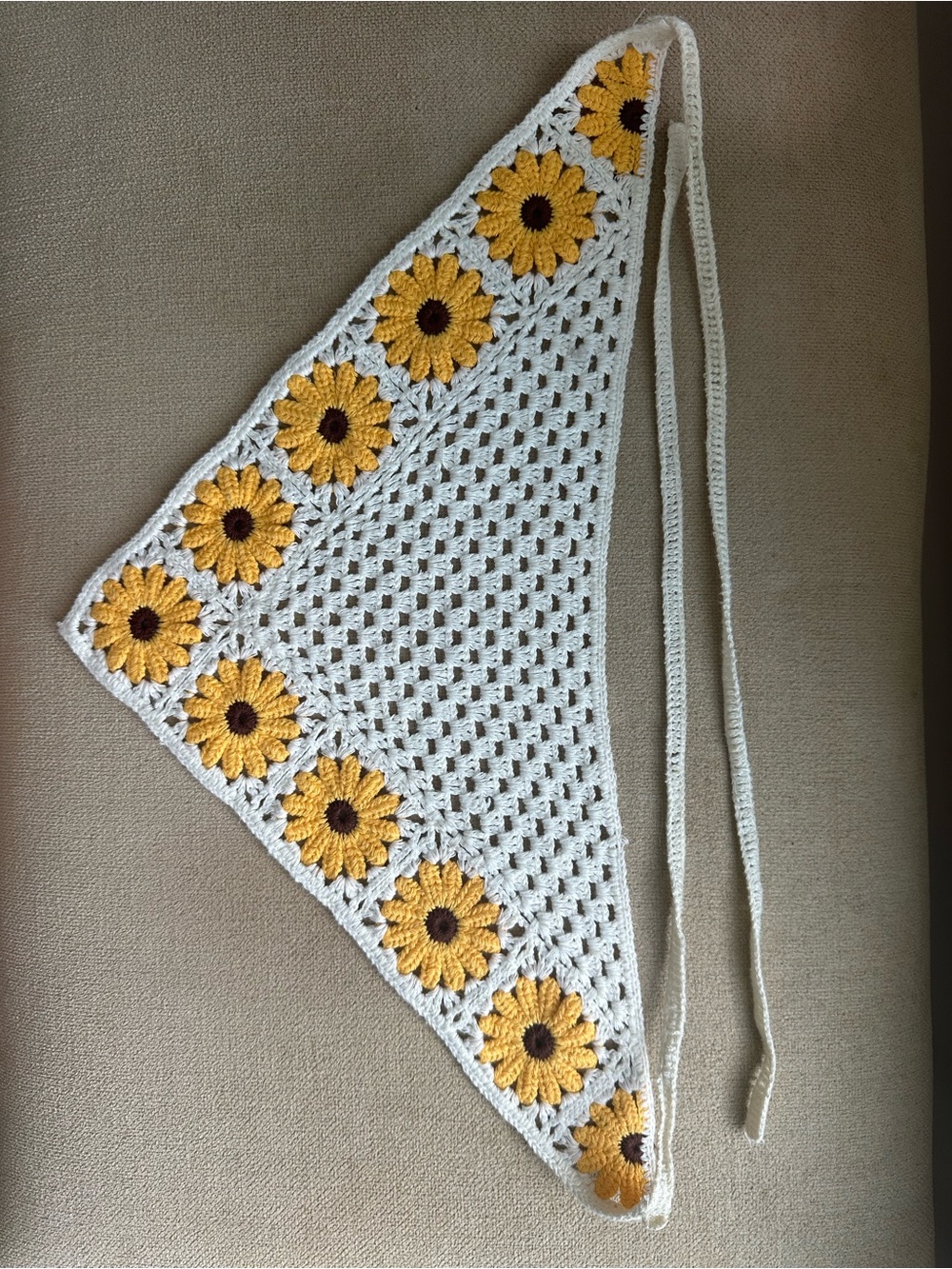 Handmade Crochet Head Scarf Kerchief with Yellow Sunflowers Granola Cottagecore